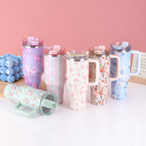 Floral Insulated Tumbler With Handle with Gift Pack