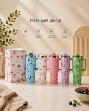 Floral Insulated Tumbler With Handle with Gift Pack