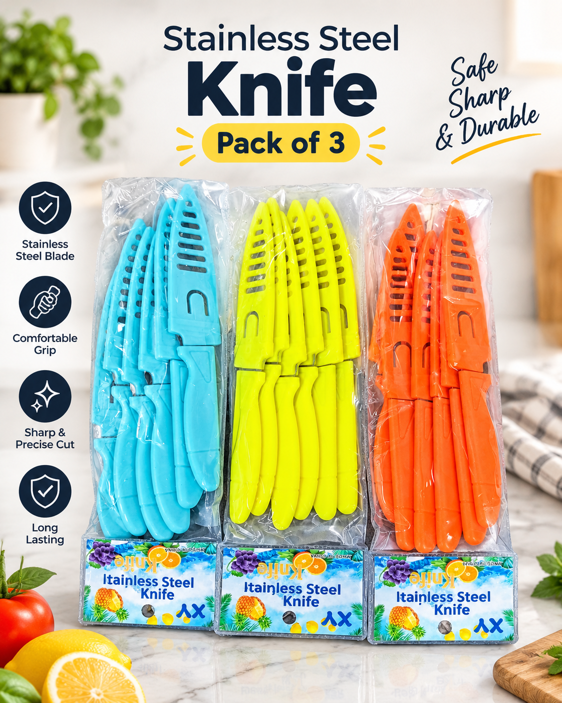 2L Manual Stainless plastic Food Chopper With Knife Set (Pack of 3)