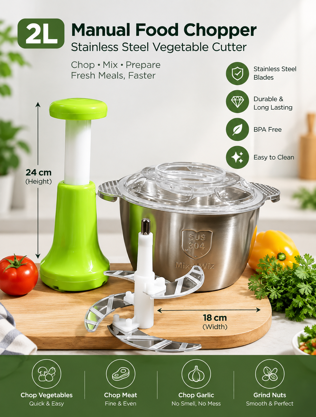 2L Manual Stainless Steel Food Chopper With Knife Set (Pack of 3)