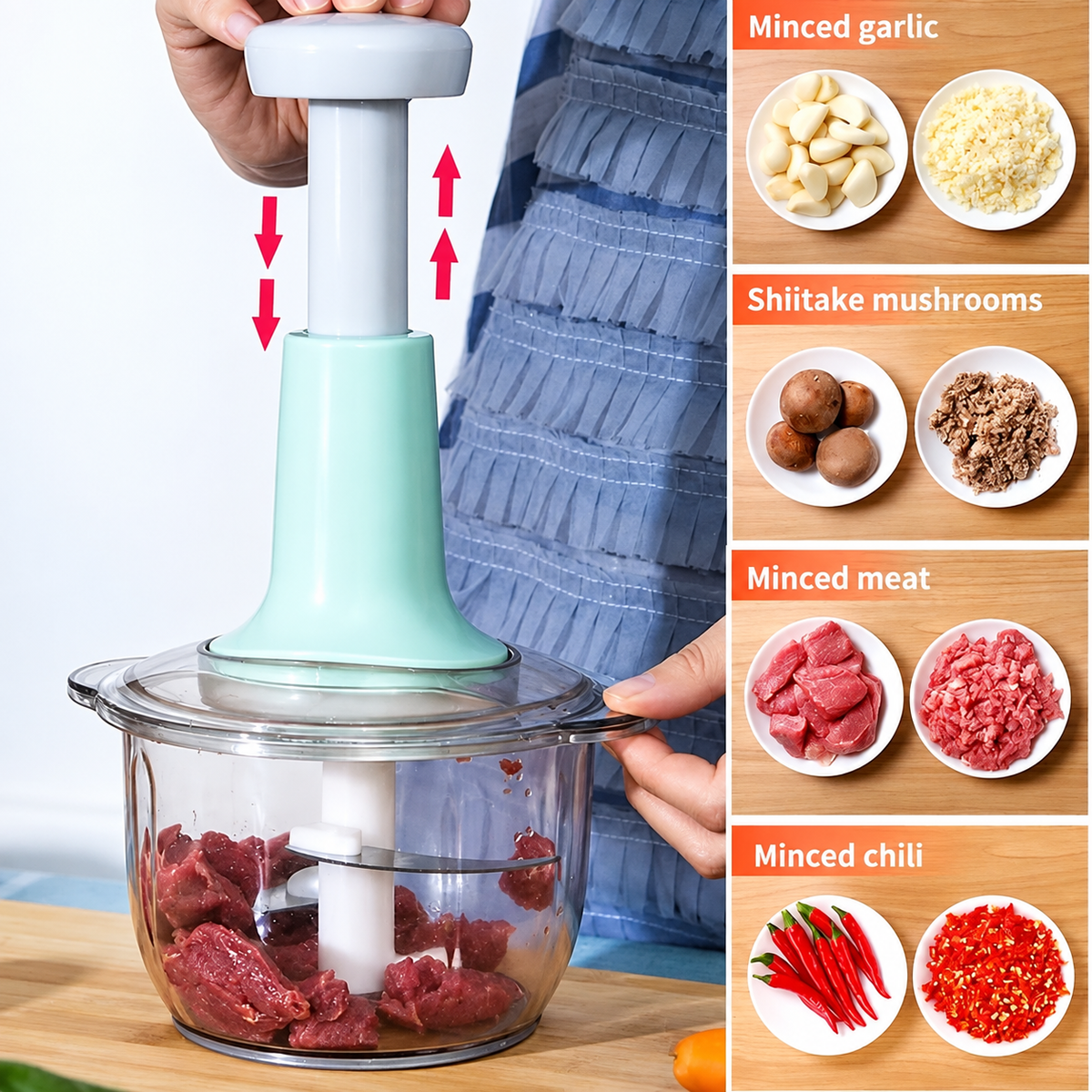 2L Manual Stainless plastic Food Chopper With Knife Set (Pack of 3)
