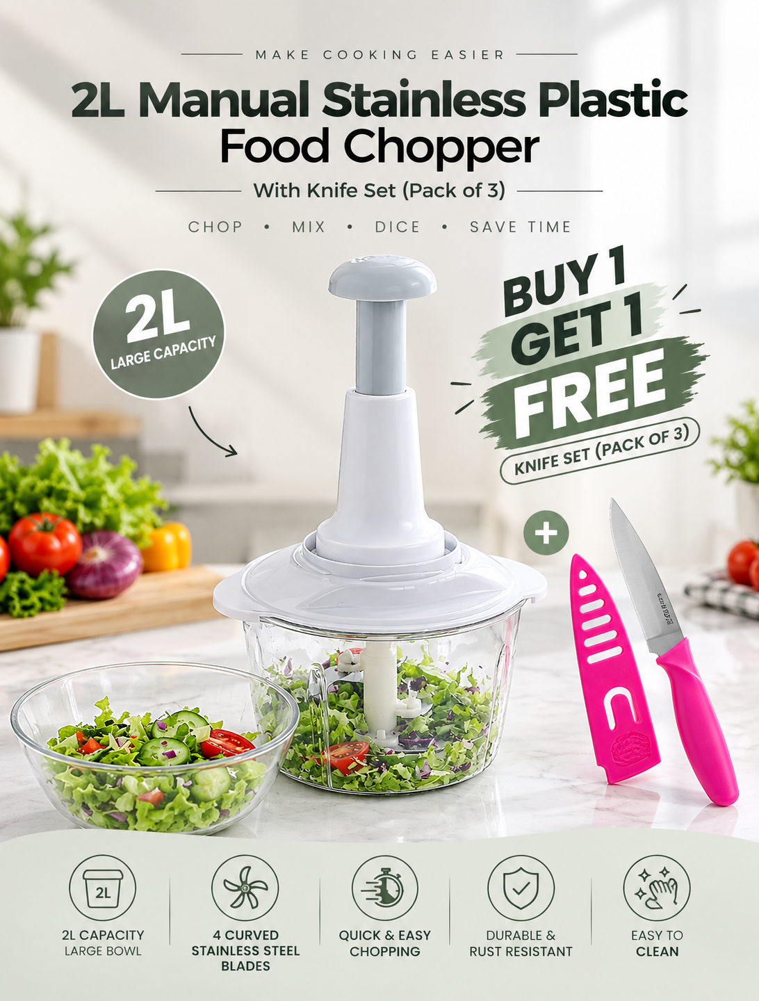 2L Manual Stainless plastic Food Chopper With Knife Set (Pack of 3)