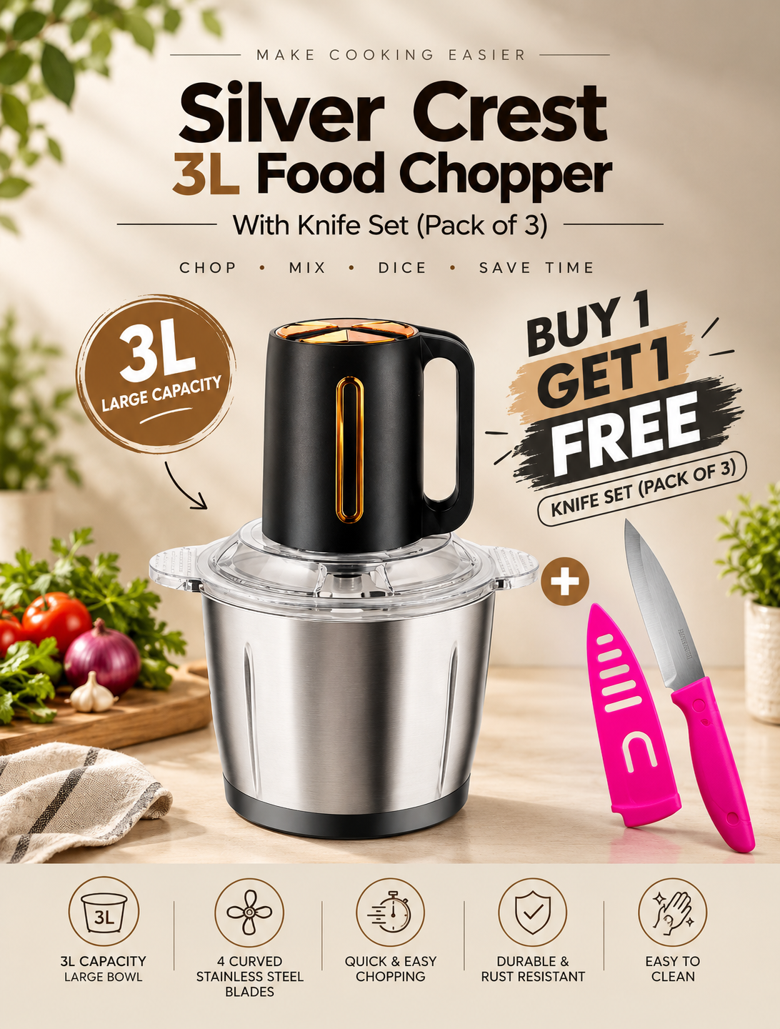 Silver Crest 3L Stainless Steel Food Chopper With Knife Set (Pack of 3)